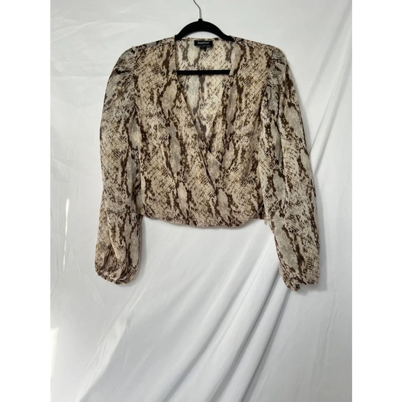 Bardot Women's Brown Snake Print Long Sleeve Sheer Cropped Blouse Size 4 - Picture 1 of 6